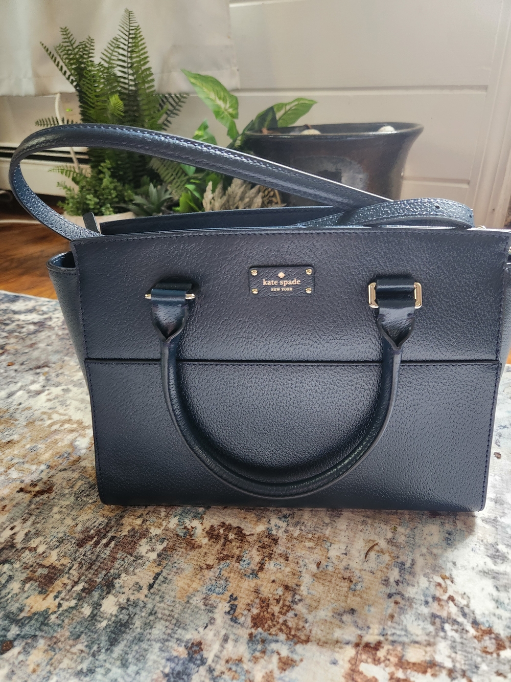 kate spade navy pebbled leather satchel with gold hardware accents